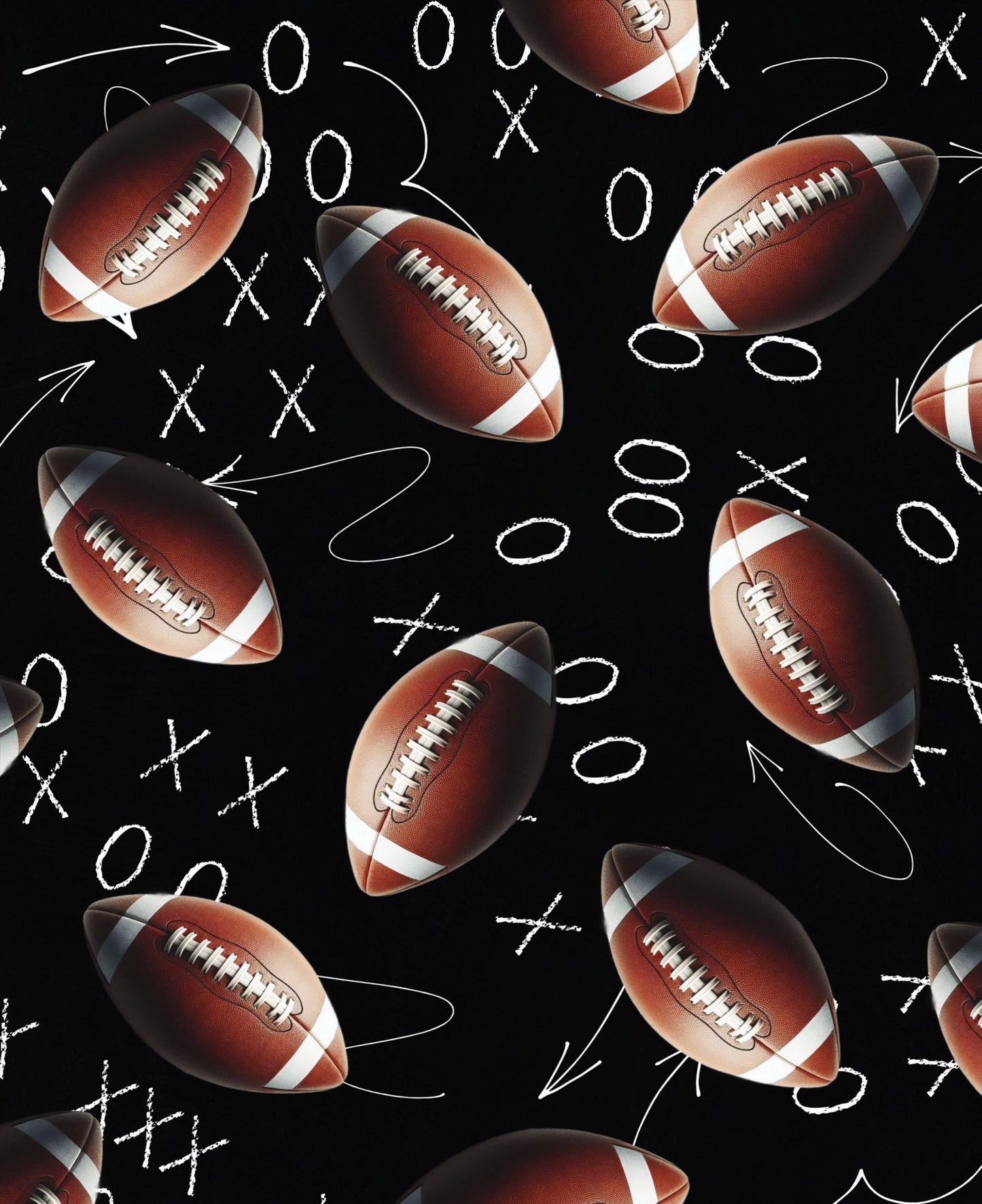 Tossed Footballs and Strategy on Black Fabric -  100% Cotton - Drewie Pie Fabrics  - Continuous Cuts