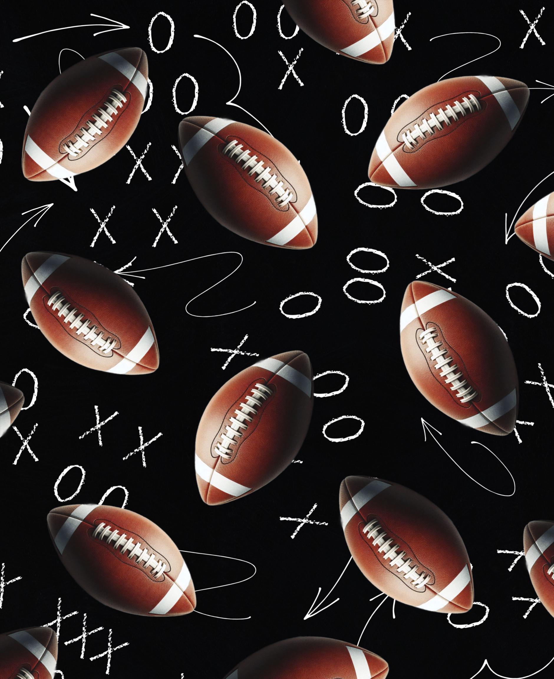Tossed Footballs and Strategy on Black Fabric - 100% Cotton - Drewie Pie Fabrics - Continuous Cuts