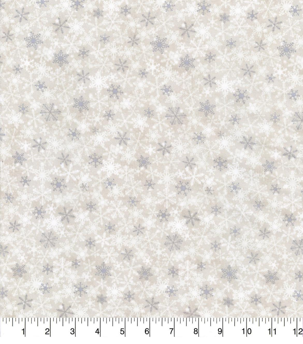 White & Gray on Beige Packed Snowflakes on Cream Christmas Cotton Fabric Snowflakes