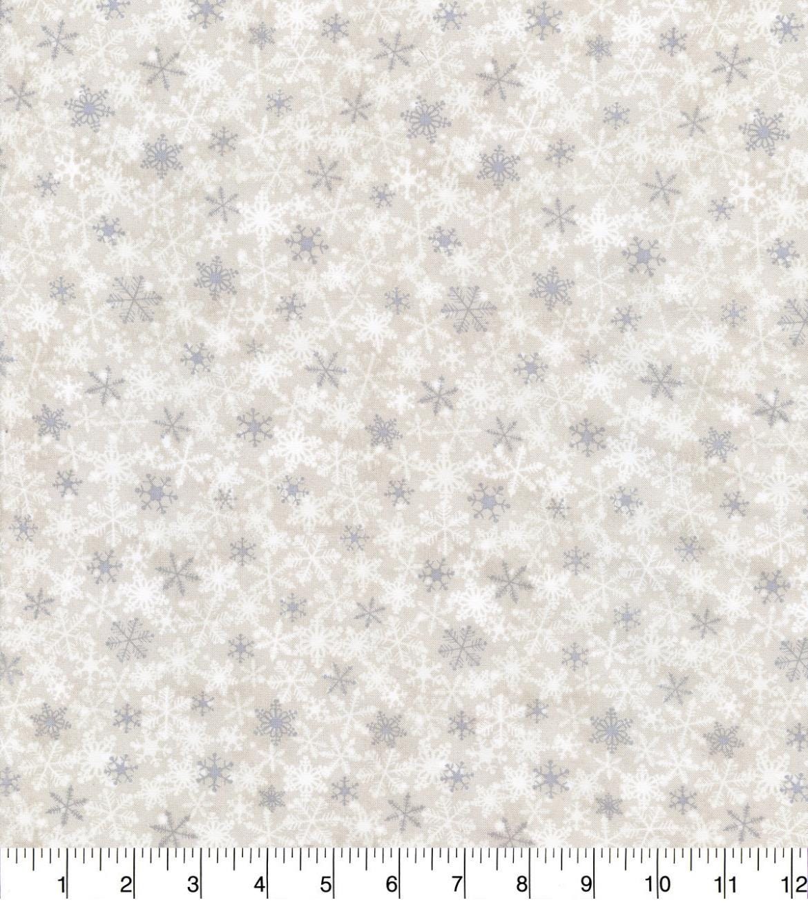 White & Gray on Beige Packed Snowflakes on Cream Christmas Cotton Fabric Snowflakes