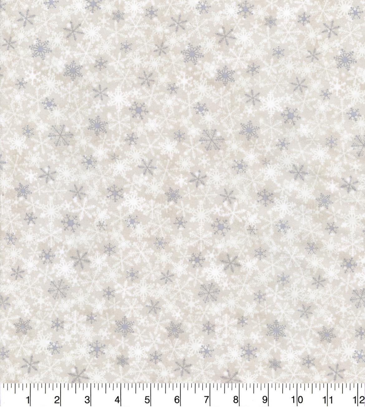 White & Gray on Beige Packed Snowflakes on Cream Christmas Cotton Fabric Snowflakes