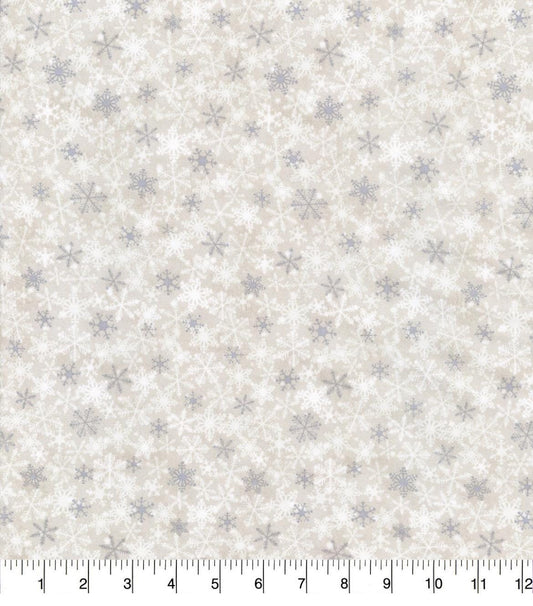 White & Gray on Beige Packed Snowflakes on Cream Christmas Cotton Fabric Snowflakes