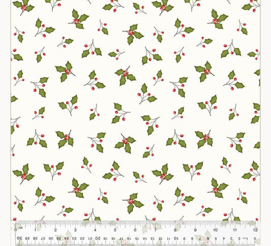 WF-A Very Terri Christmas 54107-4 Ivory - Holly Leaves - 100% Cotton Fabric- Continuous Cuts