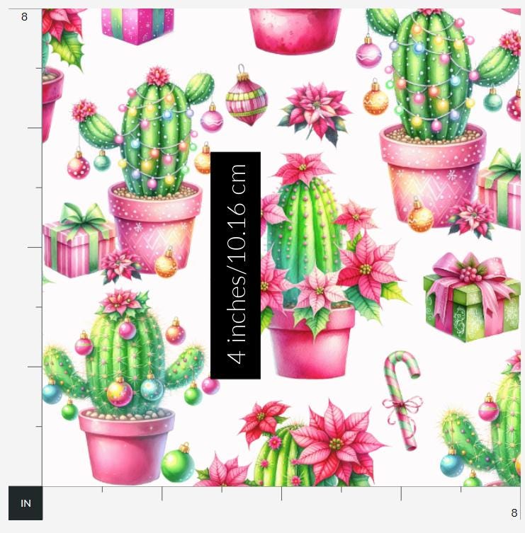 Christmas Cactus Fabric - Pink-   100% Cotton - Continuous Cuts