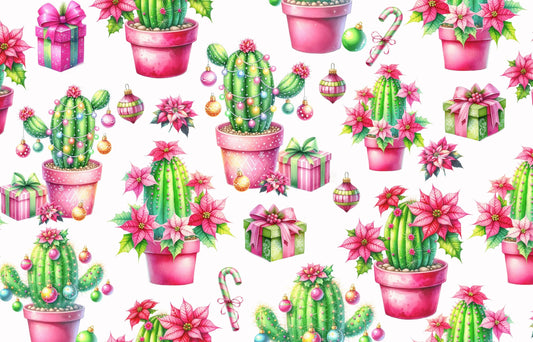 Christmas Cactus Fabric - Pink- 100% Cotton - Continuous Cuts