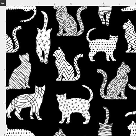 Cat Silhouettes Shape Filled on Black Cotton Fabric - 100% Cotton- Continuous Cuts