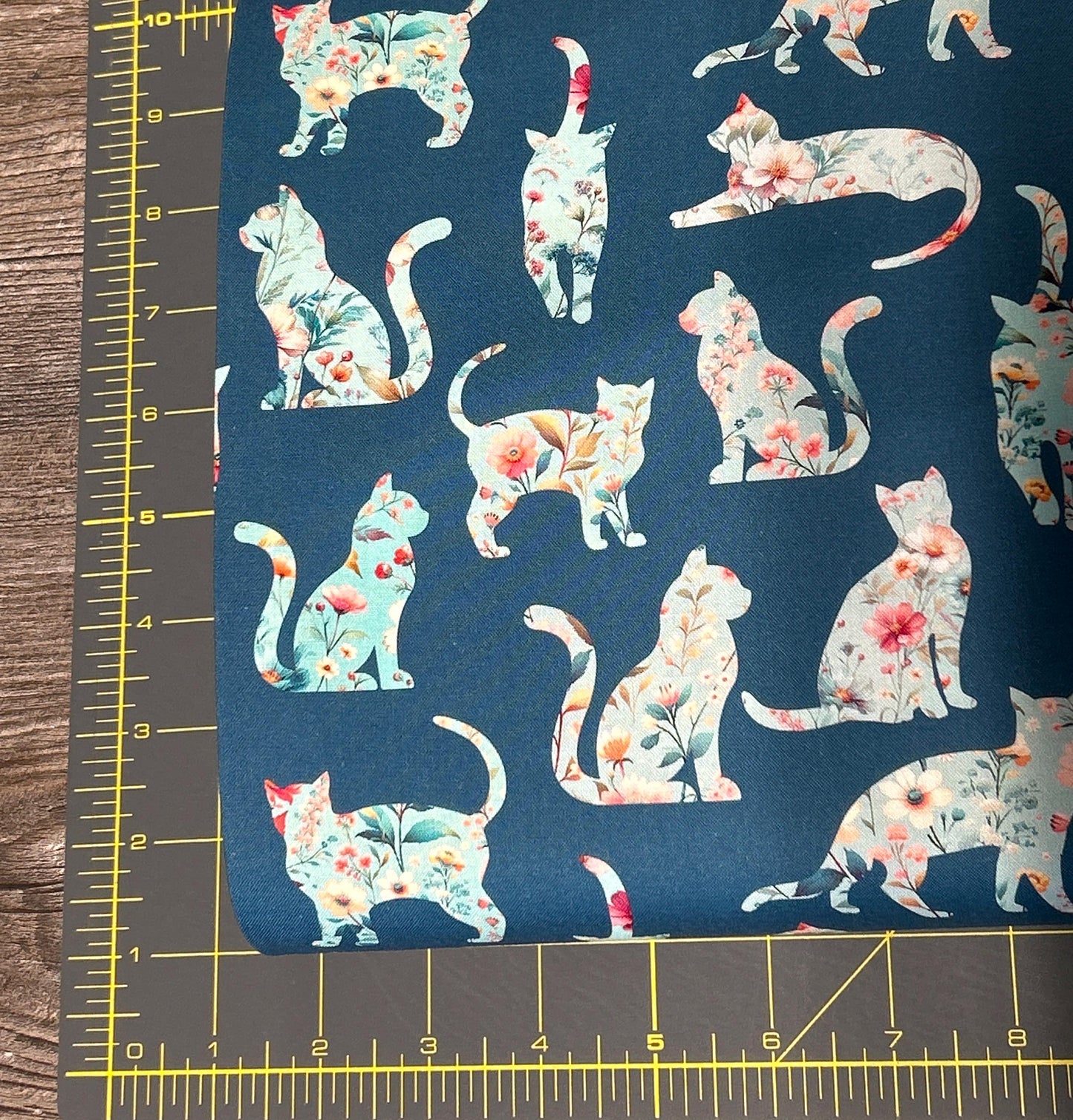 Cat Floral Silhouettes Cotton Fabric - 100% Cotton- Continuous Cuts -