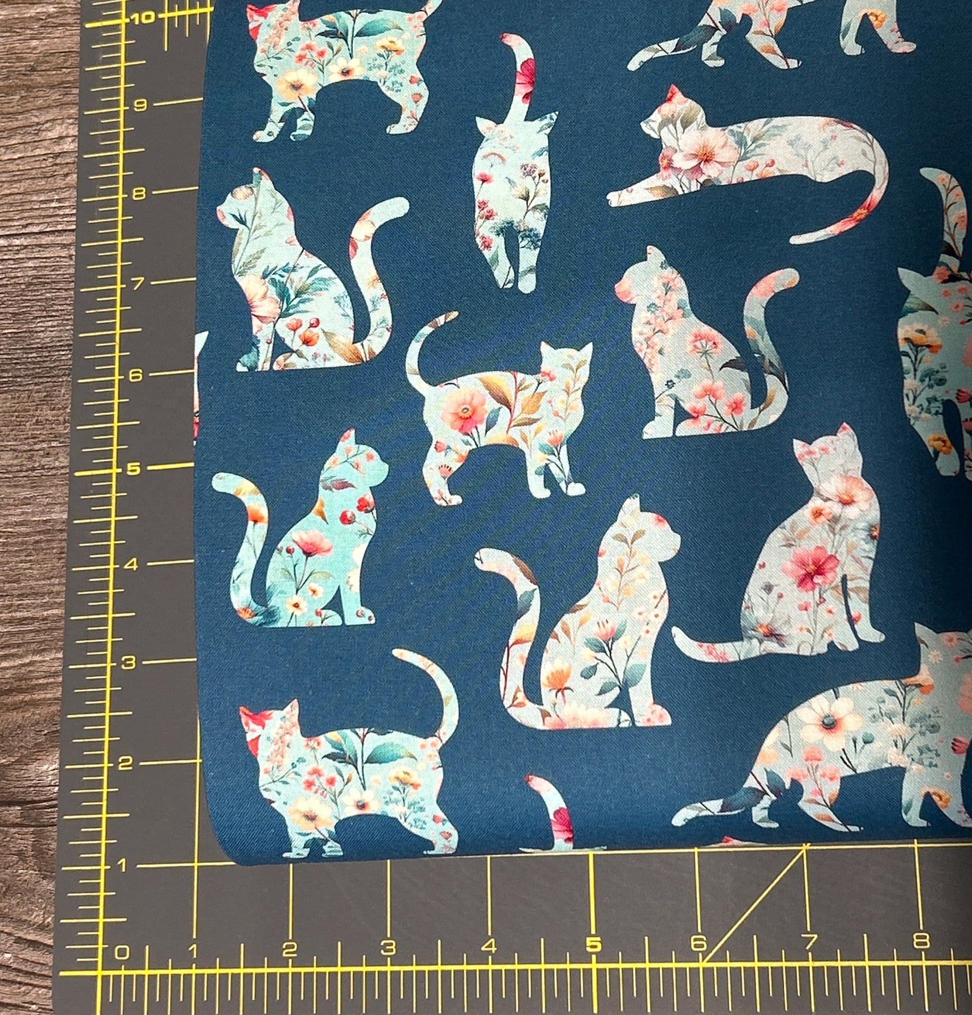 Cat Floral Silhouettes Cotton Fabric - 100% Cotton- Continuous Cuts -