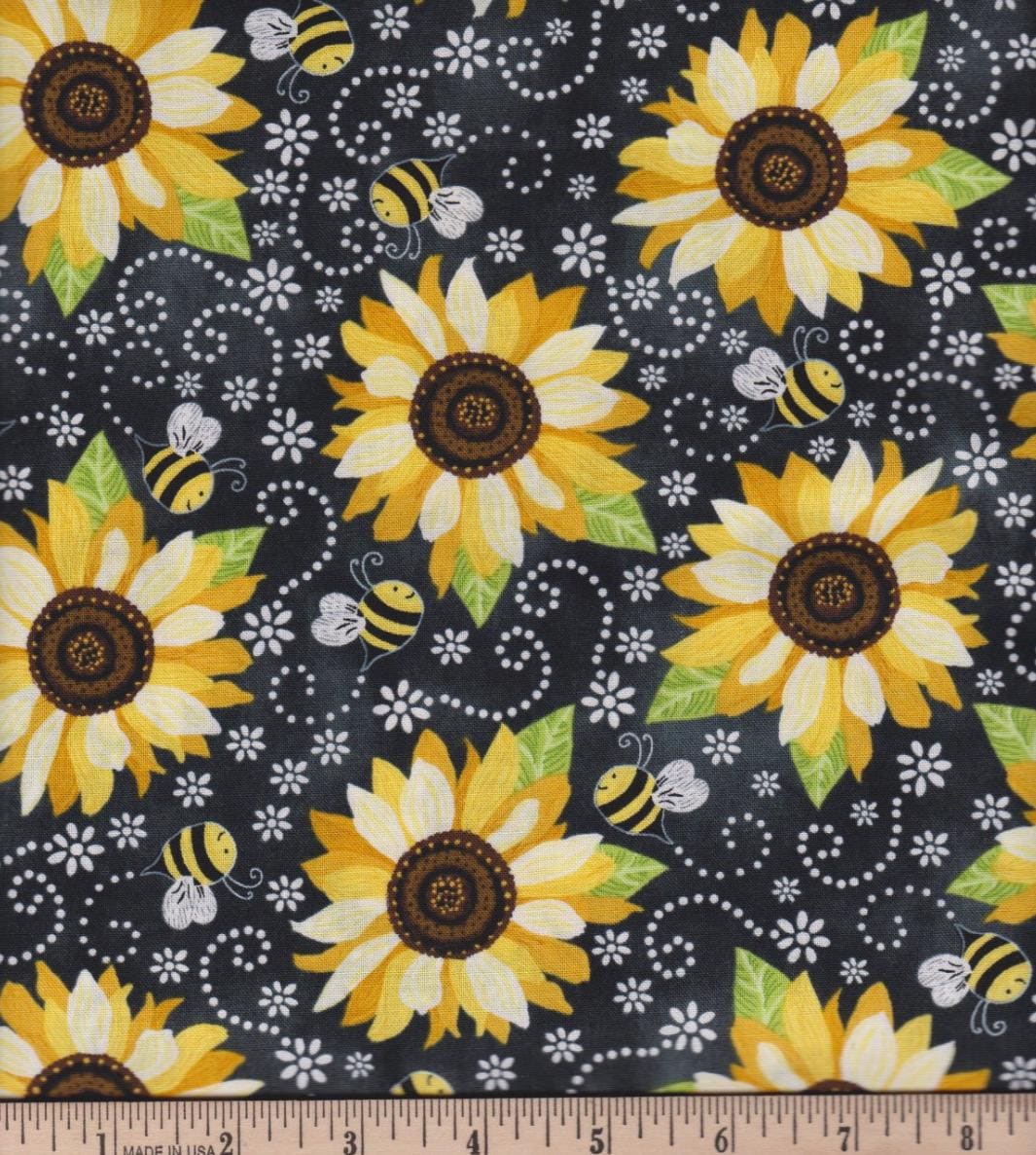 Bees and Sunflowers Cotton fabric, continuous cuts- 100% Cotton -TT-Gail CD5345 You are my sunshine