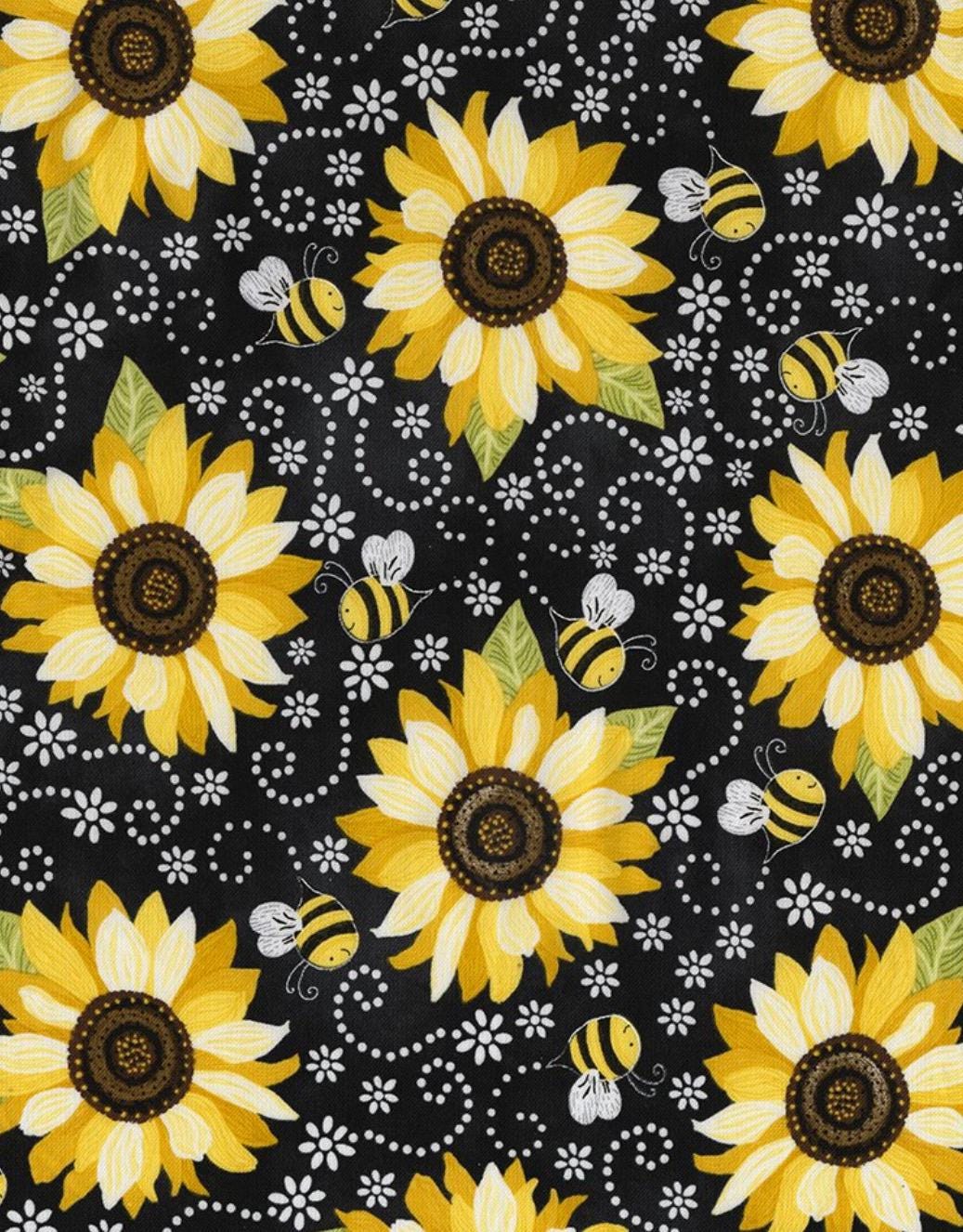 Bees and Sunflowers Cotton fabric, continuous cuts- 100% Cotton -TT-Gail CD5345 You are my sunshine