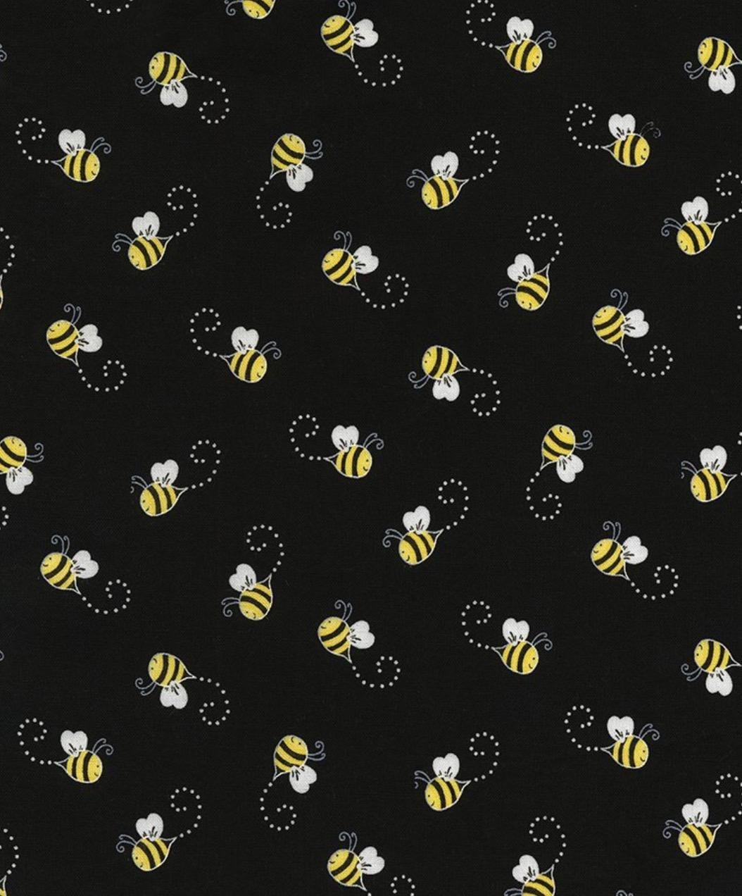 Bees on Black Cotton fabric, continuous cuts- 100% Cotton -TT-Gail CD5496 Black - Bees