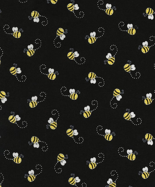 Bees on Black Cotton fabric, continuous cuts- 100% Cotton -TT-Gail CD5496 Black - Bees