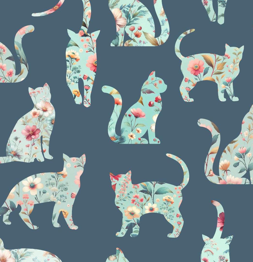 Cat Floral Silhouettes Cotton Fabric - 100% Cotton- Continuous Cuts -