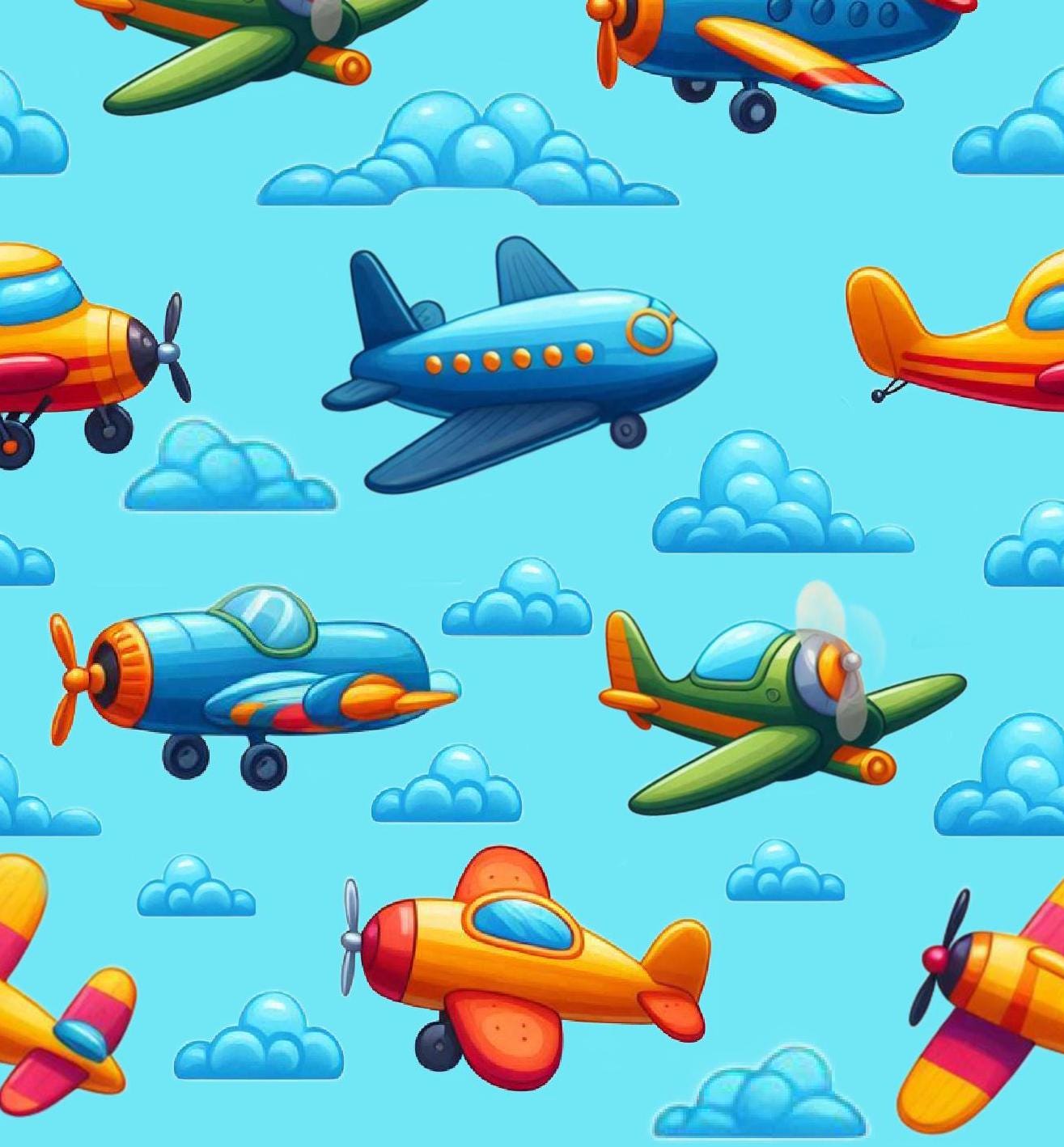 Blue Airplane Fabric - 100% Cotton - Sky - Plane - Flight - Boy - Clouds -Continuous Cuts