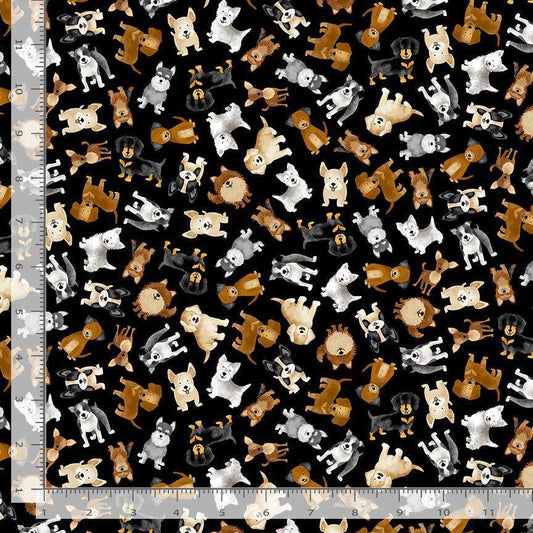 Tossed Dogs 100% Cotton Fabric - Continuous cuts- TT-Dog CD3318 Black - Tossed Small Dogs