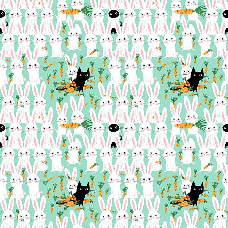 Bunny Meadowscapades Cotton fabric- 100% Cotton Continuous Cuts Bunny MEOWSCAPADES STELLA-DLW3110  ARUBA