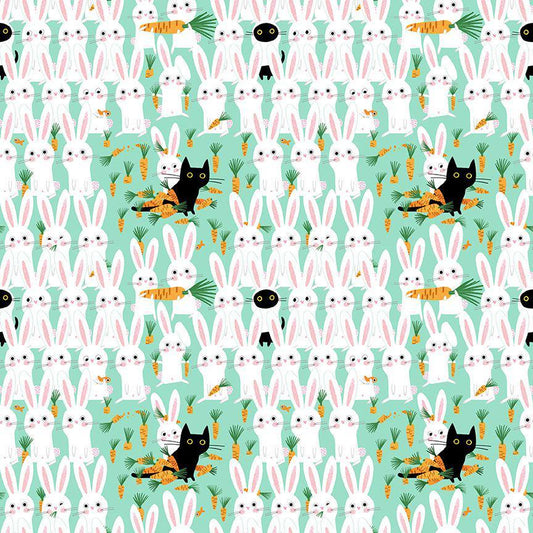 Bunny Meadowscapades Cotton fabric- 100% Cotton Continuous Cuts Bunny MEOWSCAPADES STELLA-DLW3110  ARUBA