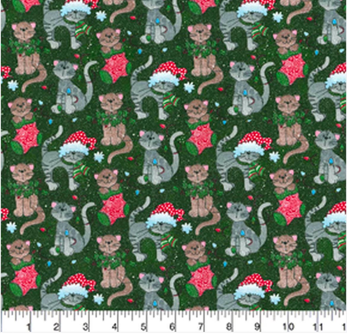 Santa Cat Christmas Fabric - Fat Quarters- 100% Cotton-by the 1/2 yard DX 4785 4C 1 Multi Santa Cats