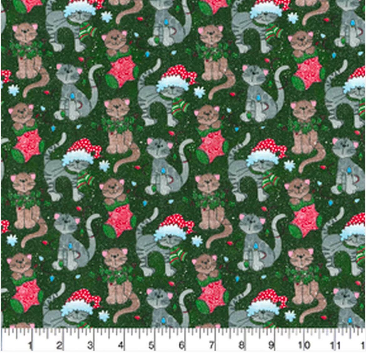 Santa Cat Christmas Fabric - Fat Quarters- 100% Cotton-by the 1/2 yard DX 4785 4C 1 Multi Santa Cats