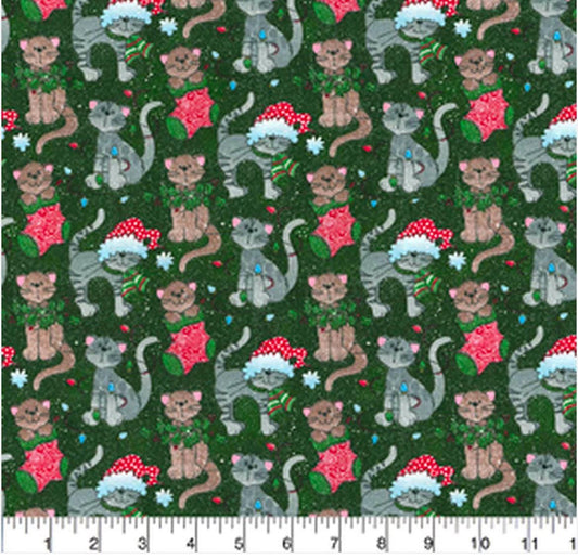 Santa Cat Christmas Fabric - Fat Quarters- 100% Cotton-by the 1/2 yard DX 4785 4C 1 Multi Santa Cats