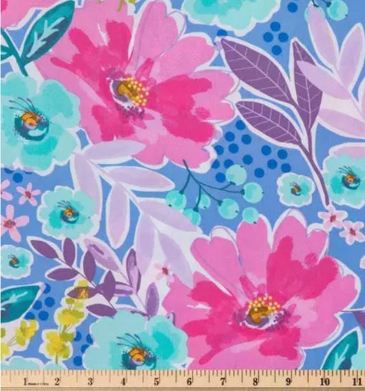 Blue and Pink Floral cotton fabric-100% Cotton - Fabric - cut to size