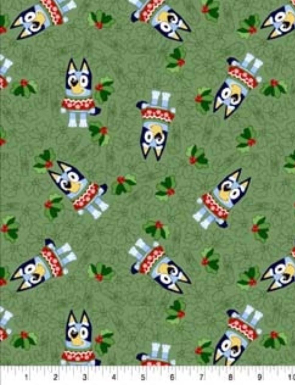 Bluey Christmas Green Cotton Fabric - 100% Cotton - continuous cuts