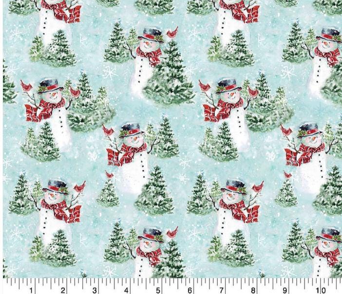 Snowman with Cardinals Susan Winget Cotton fabric- 100% Cotton - continuous cuts