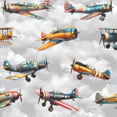 Vintage Airplane Fabric - 100% Cotton - Sky - Plane - Flight - Boy - Clouds -Continuous Cuts Planes, Trains, Trucks