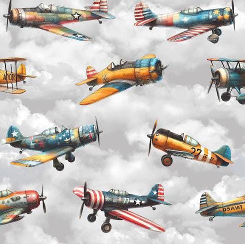 Vintage Airplane Fabric - 100% Cotton - Sky - Plane - Flight - Boy - Clouds -Continuous Cuts Planes, Trains, Trucks