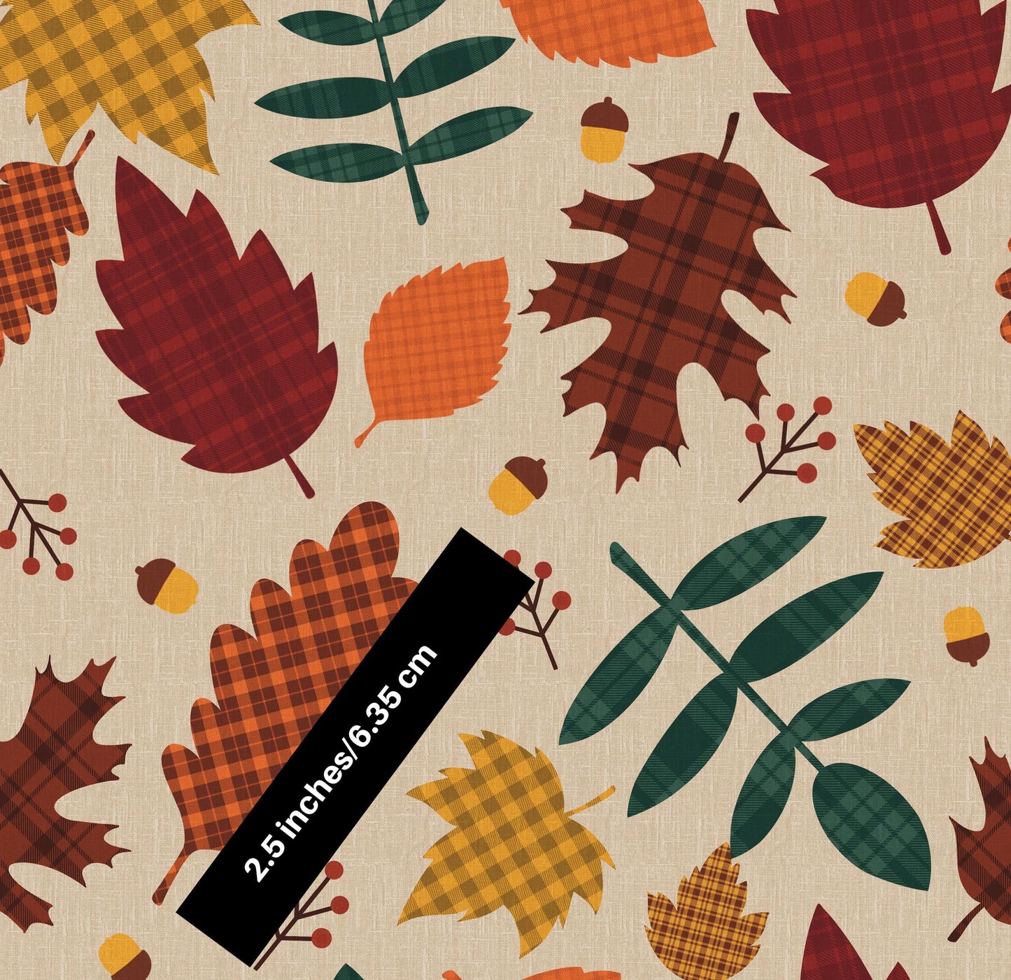 Plaid Leaf and acorns 100% Cotton Fabric Drewie Pie Fabrics- Continuous Cuts -