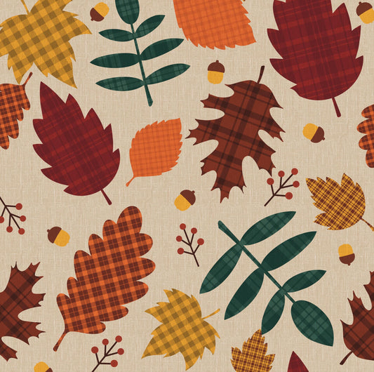 Plaid Leaf and acorns 100% Cotton Fabric Drewie Pie Fabrics- Continuous Cuts -