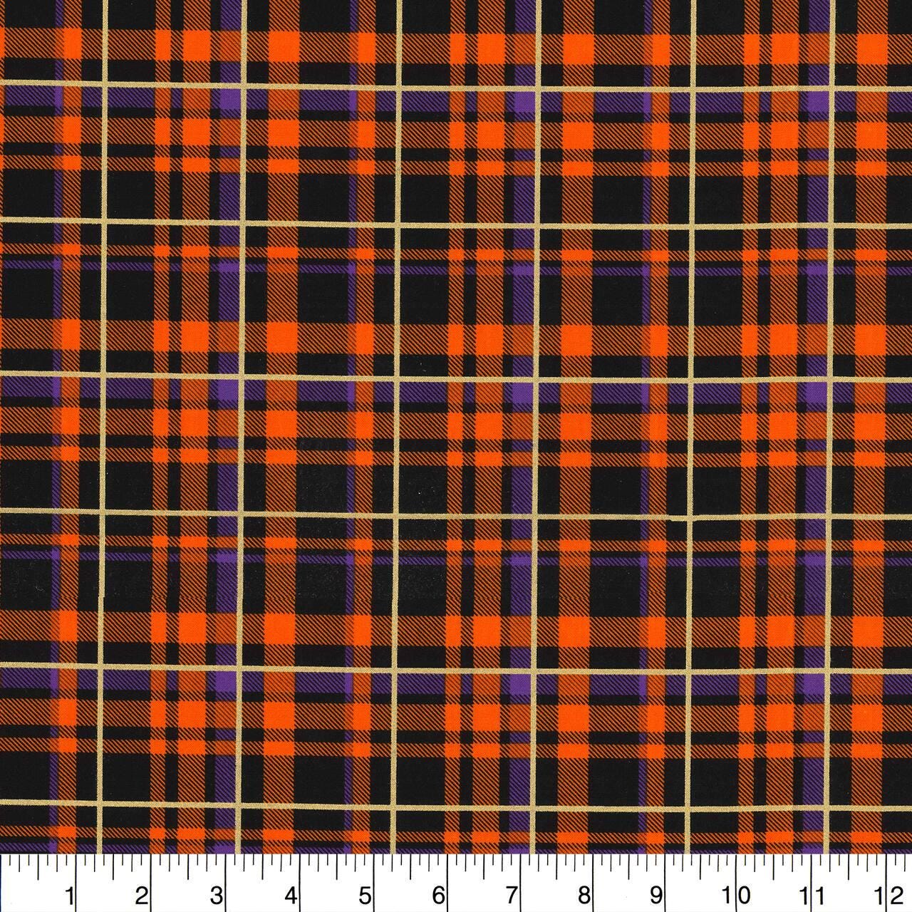 Fabric Traditions Fall Orange Purple Glitter Plaid Cotton Fabric 100% Cotton - Halloween