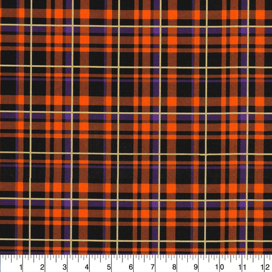 Fabric Traditions Fall Orange Purple Glitter Plaid Cotton Fabric 100% Cotton - Halloween