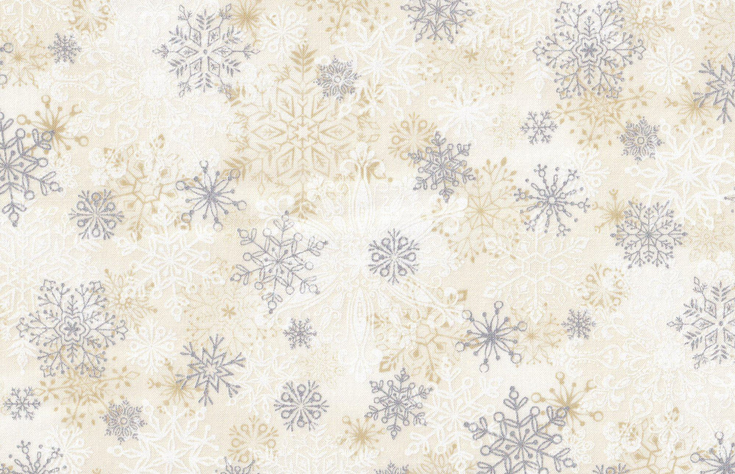 Layered Snowflakes on Cream Christmas Cotton Fabric - Metallic Accent - Silver & Gold 100% Cotton Fabric - Continuous Cuts