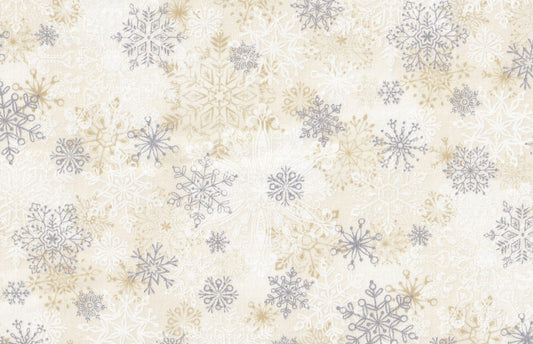 Layered Snowflakes on Cream Christmas Cotton Fabric - Metallic Accent - Silver & Gold 100% Cotton Fabric - Continuous Cuts