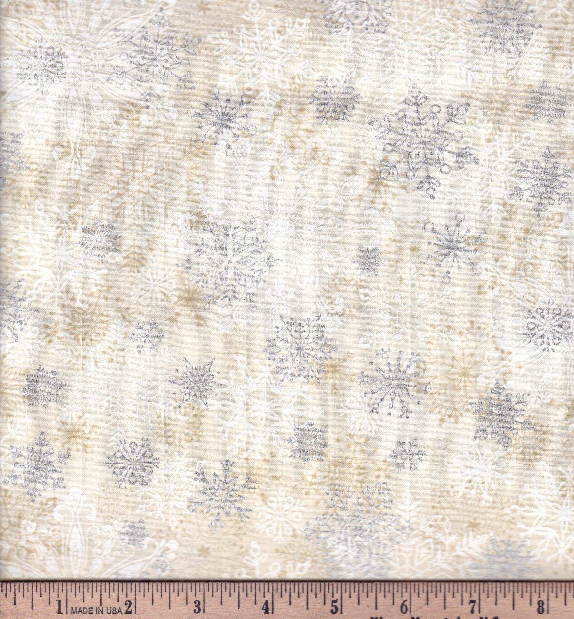 Layered Snowflakes on Cream Christmas Cotton Fabric - Metallic Accent - Silver & Gold 100% Cotton Fabric - Continuous Cuts