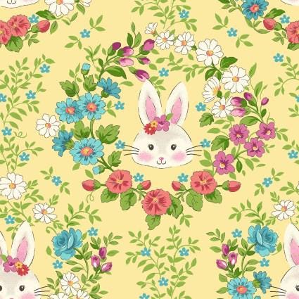 Bunny Wreaths Cotton fabric-  100% Cotton Continuous Cuts- Freckle + Lollie Little Darlings D185-Y