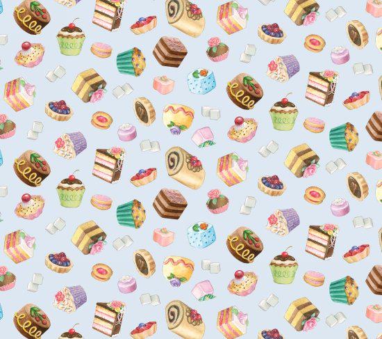 Fancy Pastries on Blue Cotton Fabric- 100% Cotton ES-Fancy Tea 34002 Blue - Pastries