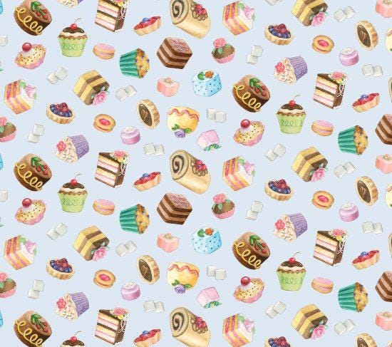 Fancy Pastries on Blue  Cotton Fabric- 100% Cotton ES-Fancy Tea 34002 Blue - Pastries