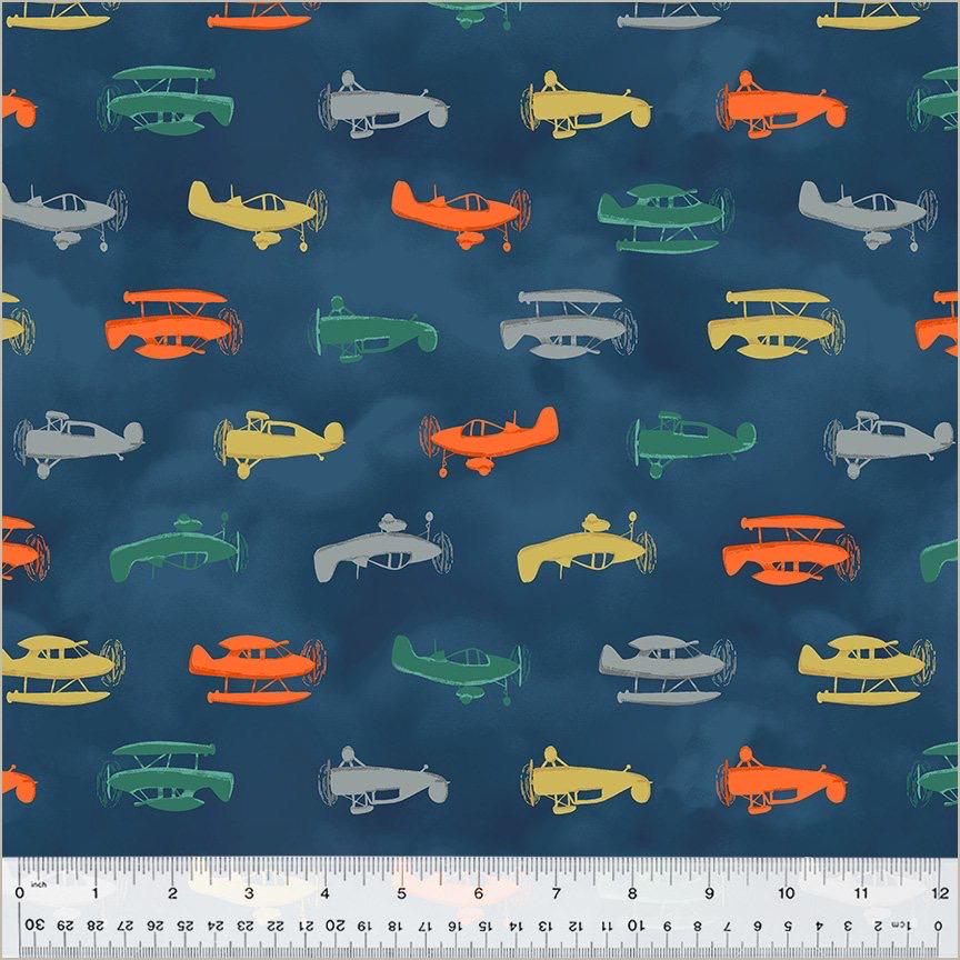 Up Up and Awoof Airplane Fabric  Navy- 100% Cotton -Dusk- Sky - Plane - Flight - Boy - Clouds -Continuous Cuts Planes, Trains, Trucks