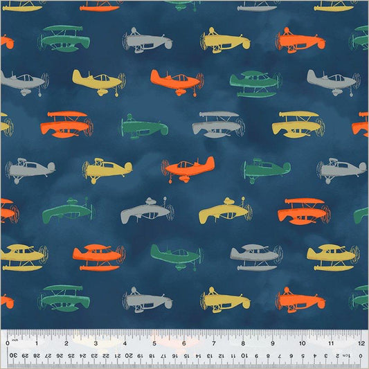 Up Up and Awoof Airplane Fabric  Navy- 100% Cotton -Dusk- Sky - Plane - Flight - Boy - Clouds -Continuous Cuts Planes, Trains, Trucks