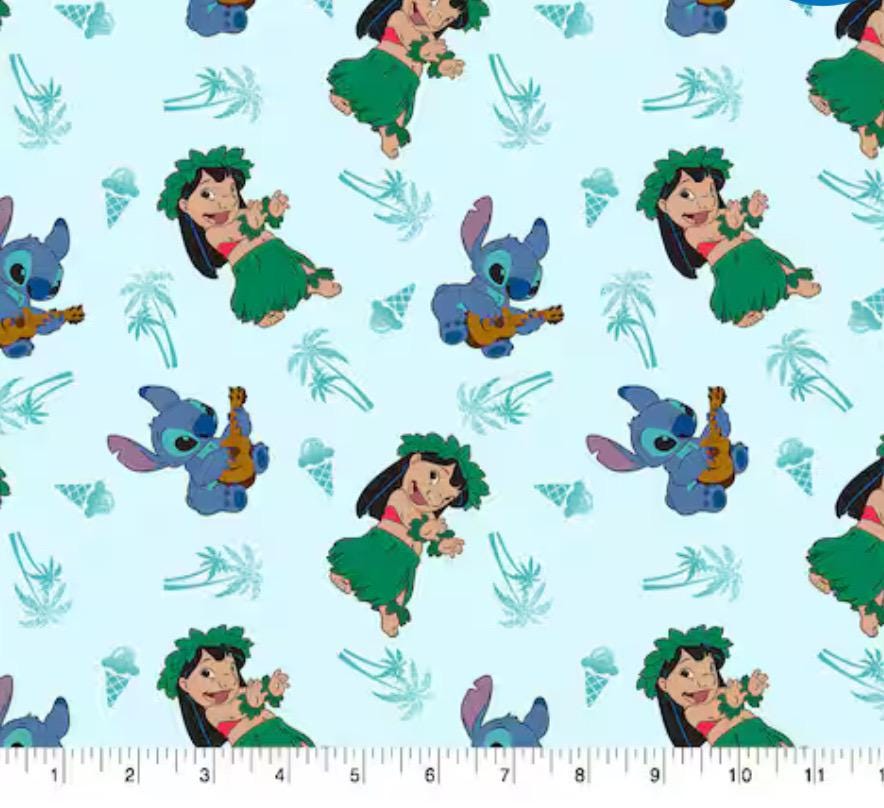 LILO and Stitch-Blue and green Icons cotton fabric- 100% Cotton - continuous cuts! Licensed Fabric