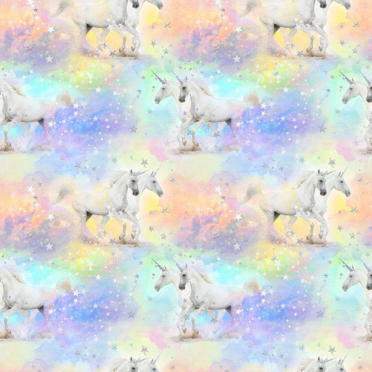 Unicorn & Stars Cotton Glitter/Metallic Accent Fabric- 100% Cotton -Timeless Treasures - FUN-CDM2946