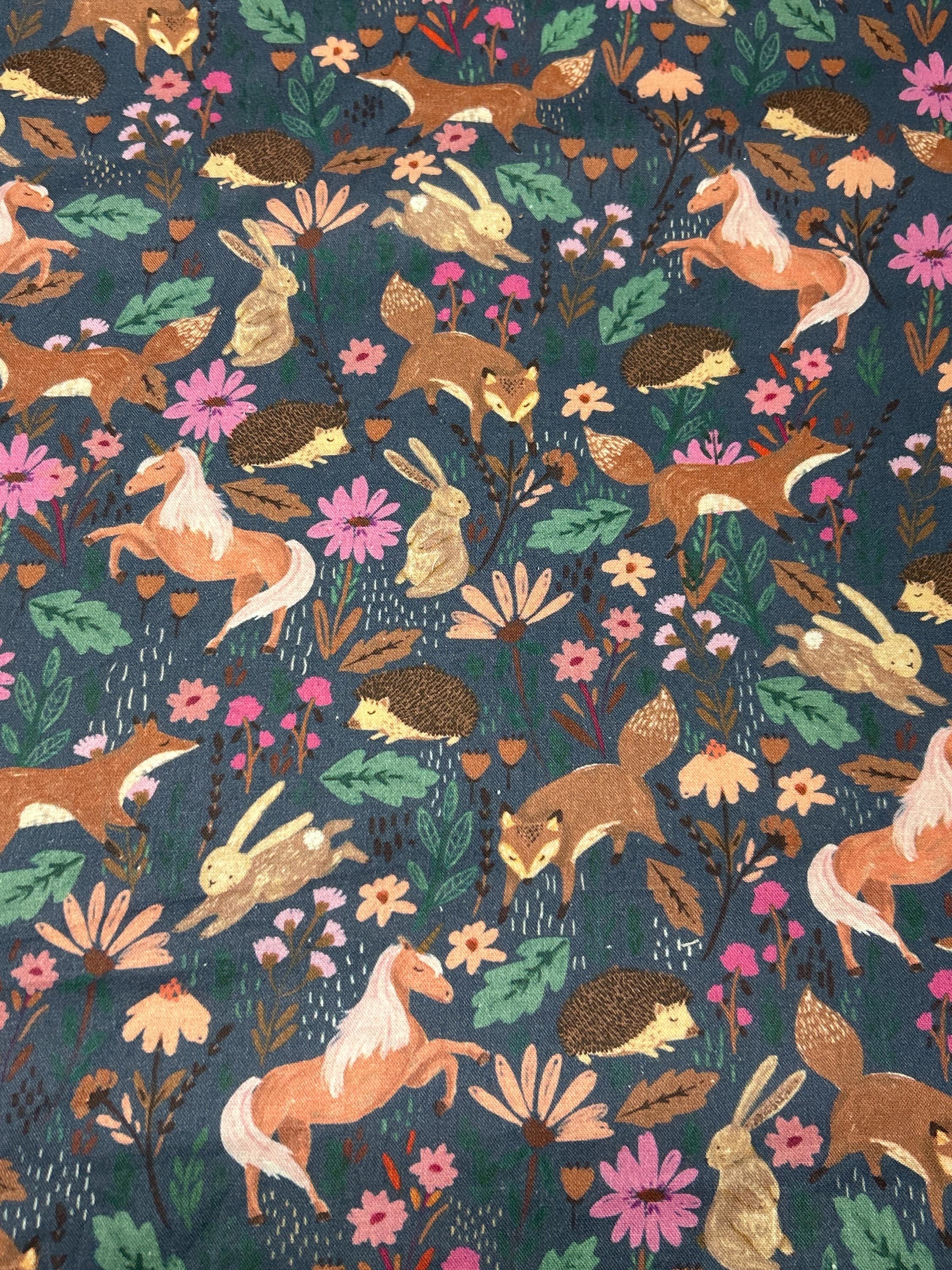 Woodland Cotton fabric- - 100% Cotton - Continuous cuts- Fox- Horse- Hedgehog -Rabbit