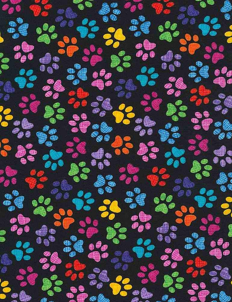 Paw Cotton fabric - Fat Quarters 100% Cotton - Continuous Cuts-  TT-GAIL-CD9328  BLACK Colorful animal paw prints
