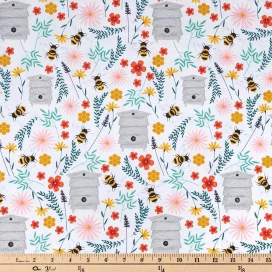 Bees and Flowers Cotton fabric- Fat Quarters, by the 1/4 or 1/2 yard, continuous cuts- 100% Cotton