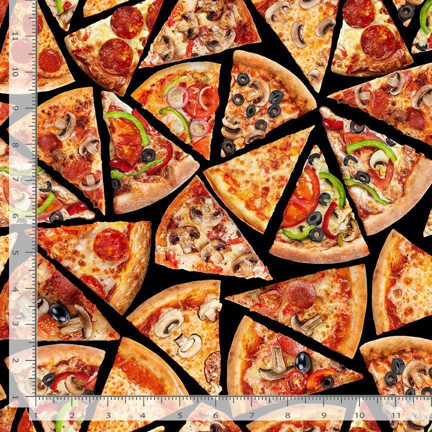 Tossed Pizza Slices Novelty Cotton fabric -100% Cotton TT-Food CD3451 Black - Tossed Pizza Slices