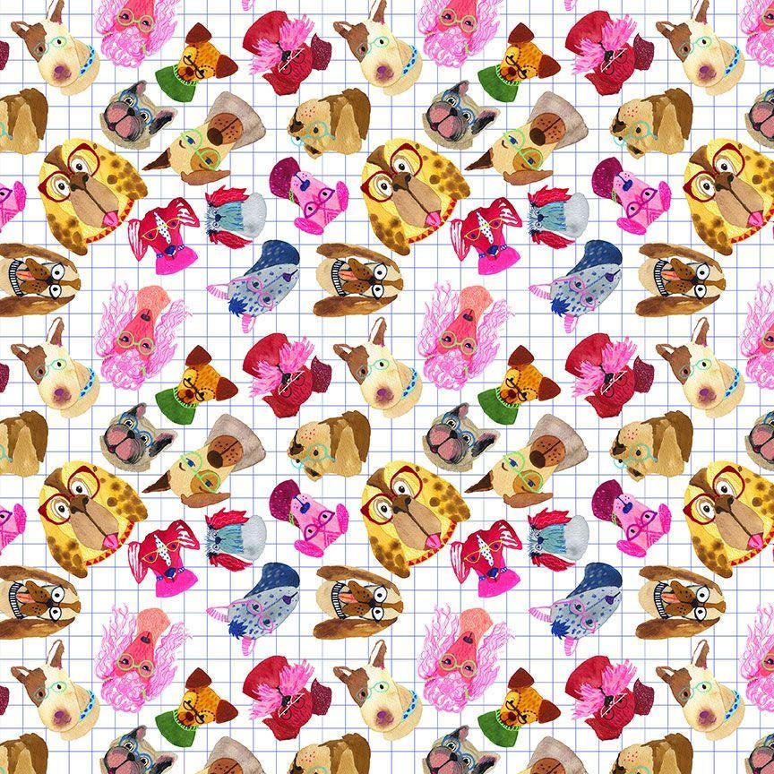 Brainy Furs STELLA-DKS3127  WHITE - Colorful Dog's in Glasses novelty 100% Cotton fabric