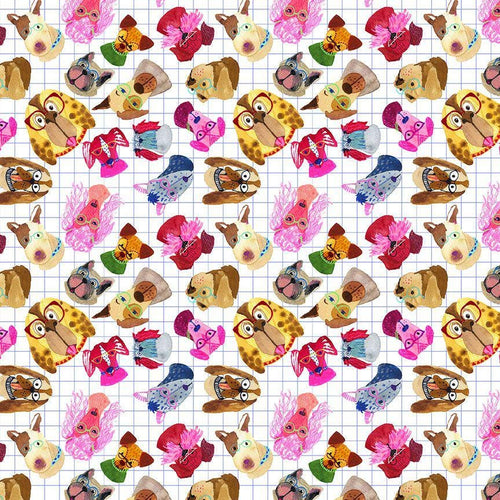 Brainy Furs STELLA-DKS3127 WHITE - Colorful Dog's in Glasses novelty 100% Cotton fabric
