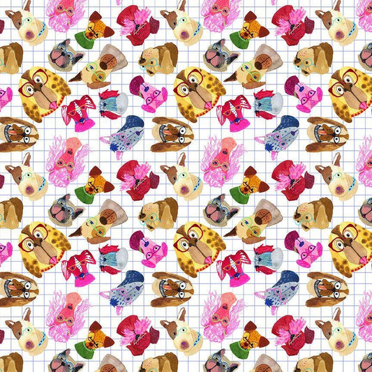 Brainy Furs STELLA-DKS3127 WHITE - Colorful Dog's in Glasses novelty 100% Cotton fabric